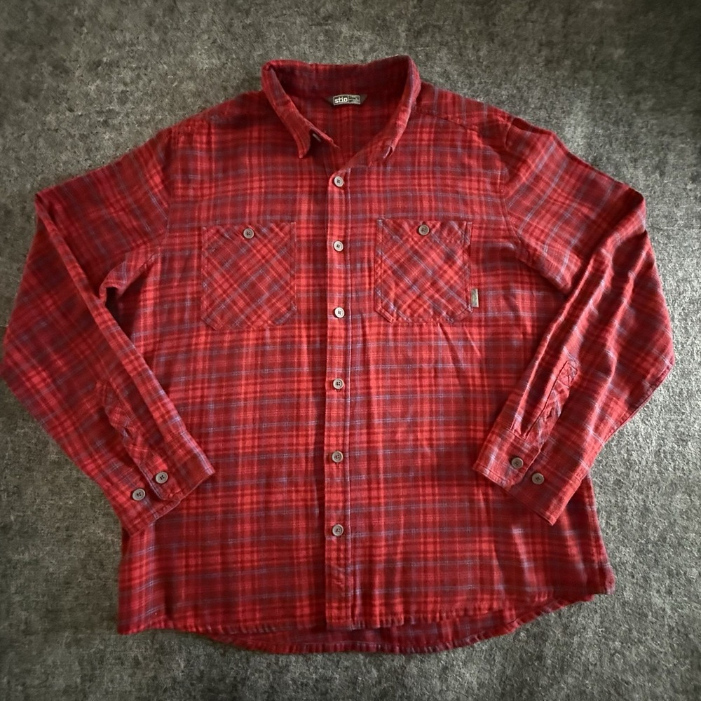 Stio Miter Flannel Shirt Mens XL Red Plaid Organic Cotton Outdoor Hiking